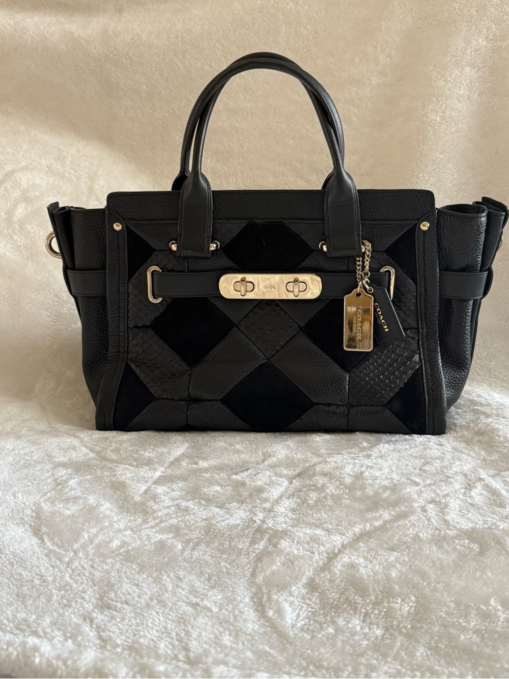 Coach Black Patchwork Leather Satchel with Gold Hardware and Charm